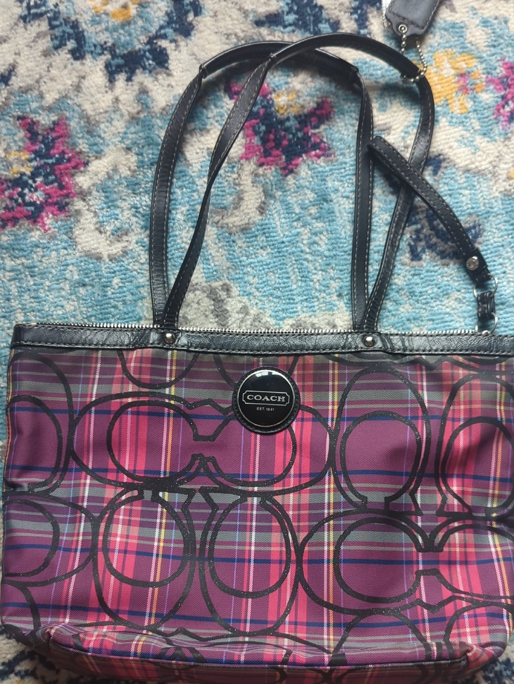 Coach Pink Plaid Signature Tote with Black Trim